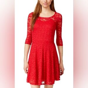 AUW Red Lace Fit and Flare Dress with Cuffed 3/4 Sleeves